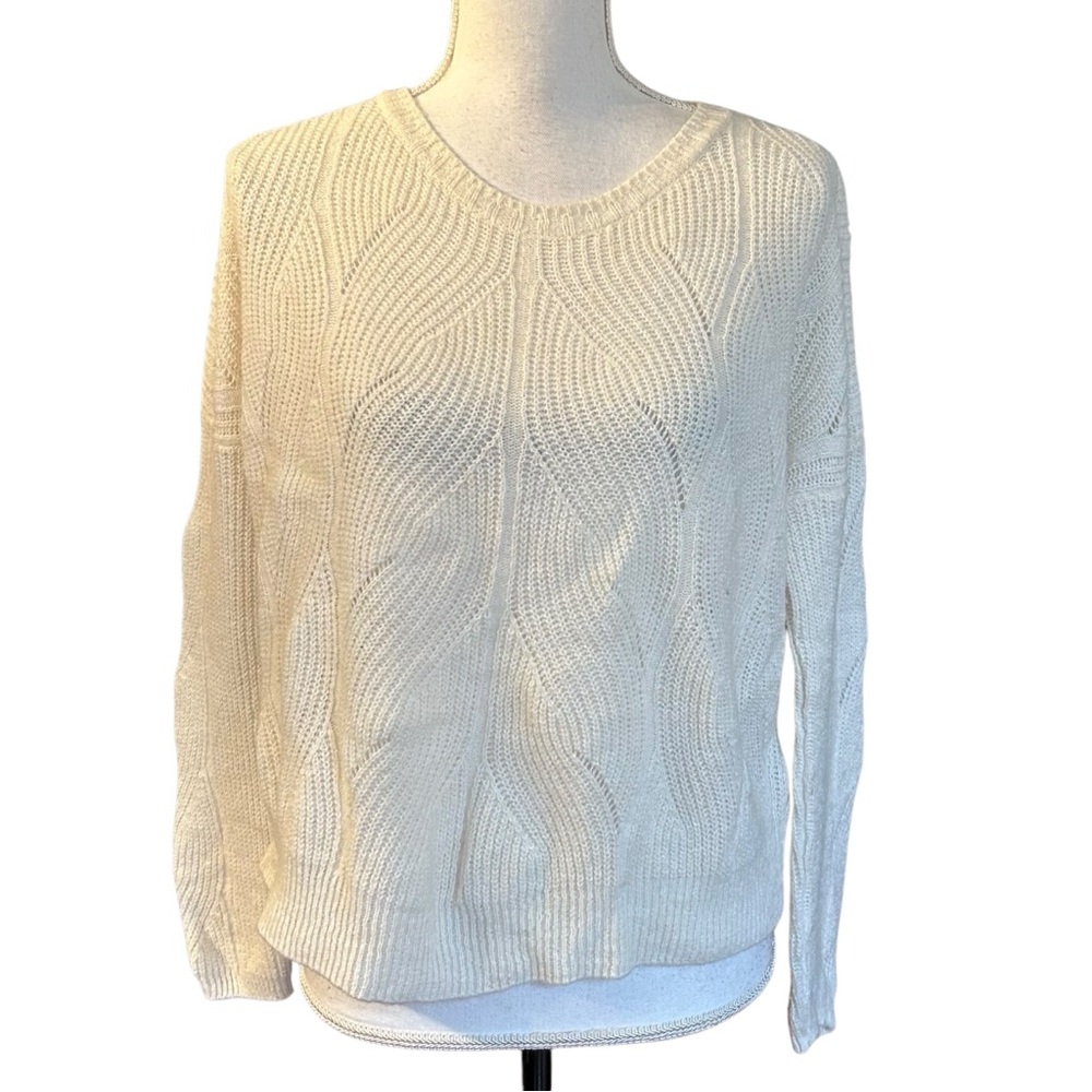 Anthropologie Wool Blend Lightweight Cable Knit Crewneck‎ Sweater SZ S in Ivory